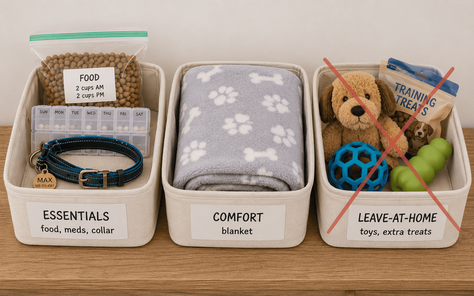 Three labeled bins show essentials (food, meds, collar), comfort (blanket), and leave-at-home (toys, treats).