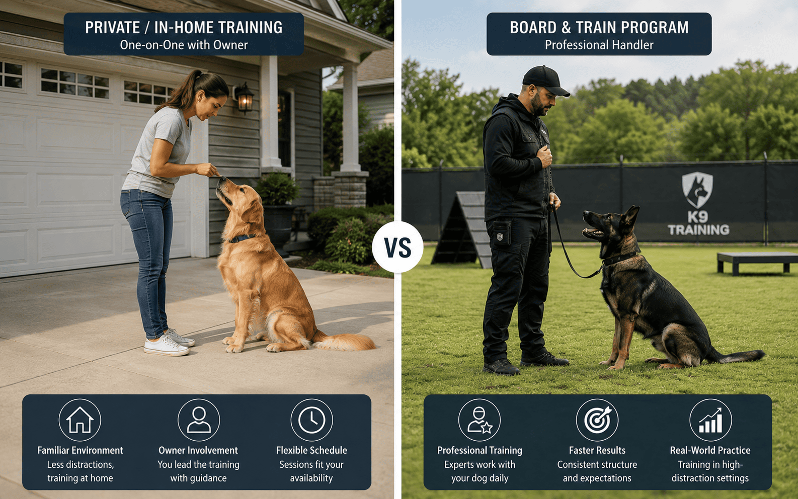 Board and Train for Leash Reactive Dogs: What Actually Happens and Whether It Works 2 Woman trains golden retriever at home; man teaches German shepherd at a professional K9 facility outdoors.