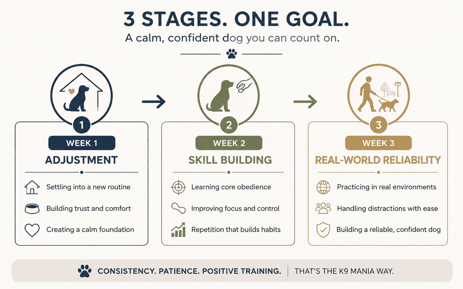 A flowchart illustrates the three stages of dog training: adjustment, skill building, and reliability.