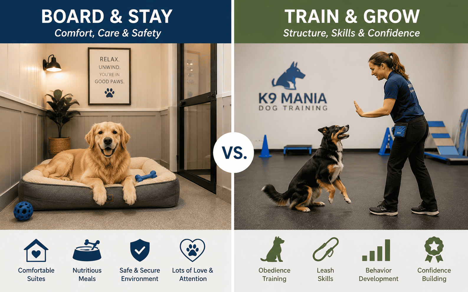 Split image shows a golden retriever in a dog boarding facility and a German shepherd at a training session.