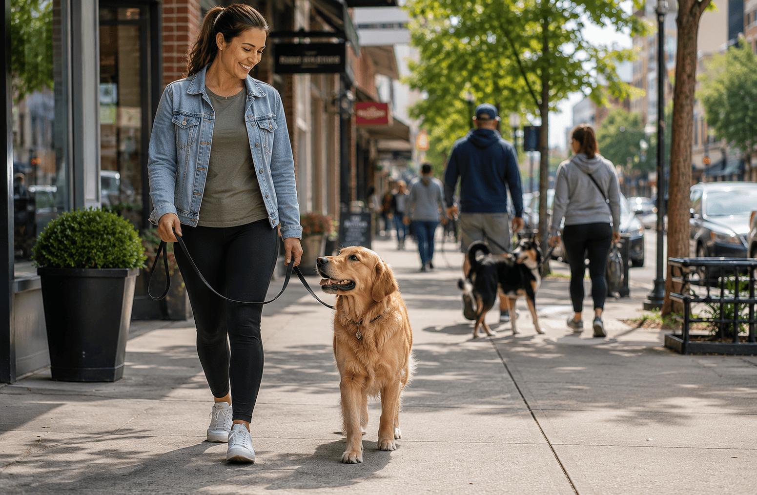 Board and Train for Leash Reactive Dogs: What Actually Happens and Whether It Works 5 A woman smiles while walking her golden retriever along a sunny city sidewalk with people and dogs nearby.