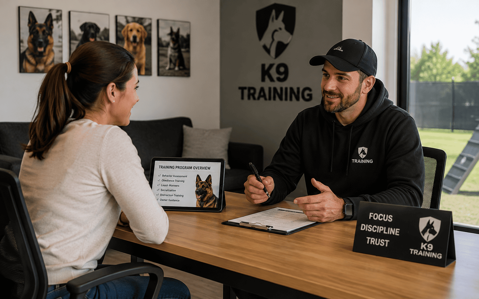 Board and Train for Leash Reactive Dogs: What Actually Happens and Whether It Works 3 A woman and a man discuss a dog training program at a table in a K9 training center office.