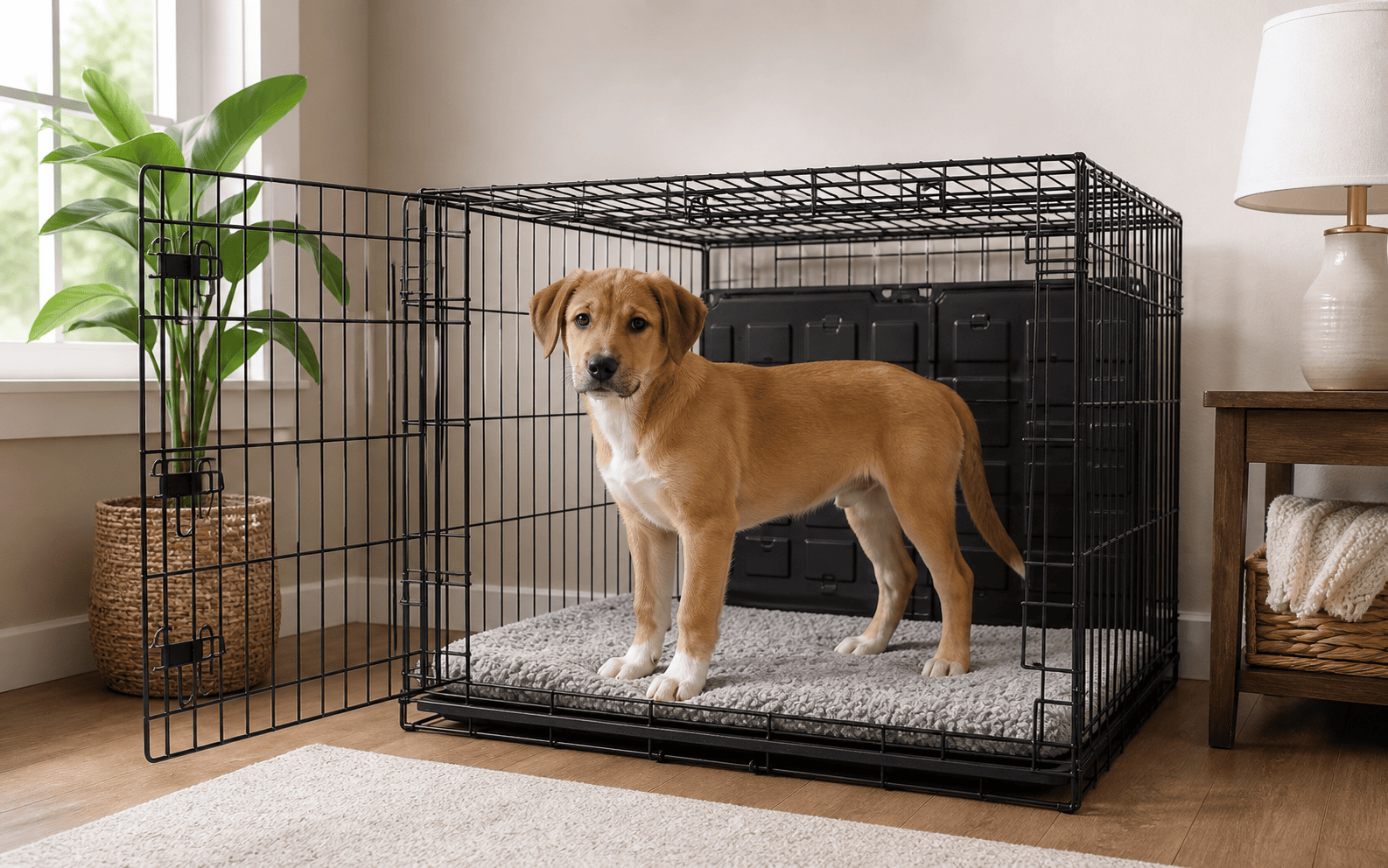 Crate Training Your Puppy 1 A brown dog stands in an open wire crate on a gray mat in a sunlit, cozy room.
