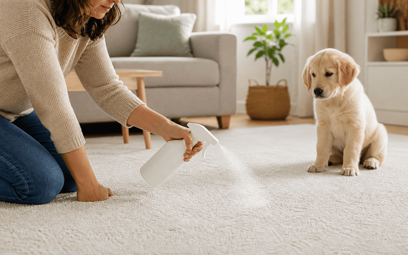 A woman sprays carpet cleaner as a golden retriever puppy watches in a bright, clean living room.