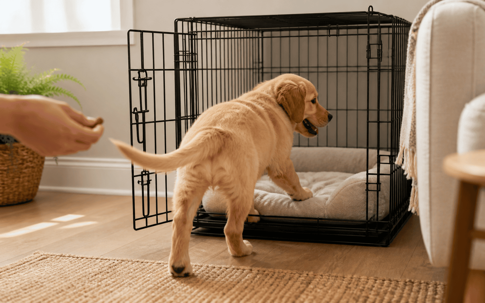 Golden retriever puppy enters a crate with a cushion as a person entices it with a treat nearby.