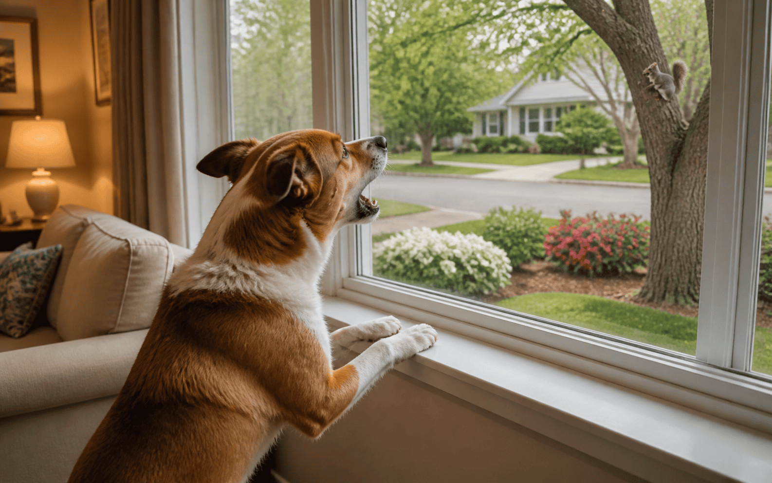 How to Train Your Dog Not to Bark: Proven Methods That Actually Work 1 A dog with front paws on a windowsill barks while watching a squirrel climb a tree in the yard.