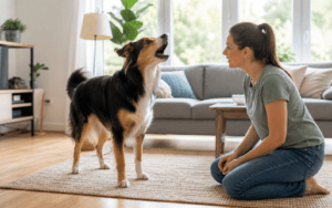 how to train your dog not to bark. A woman kneels on a rug in a bright living room with a gray couch, looking at her barking dog.
