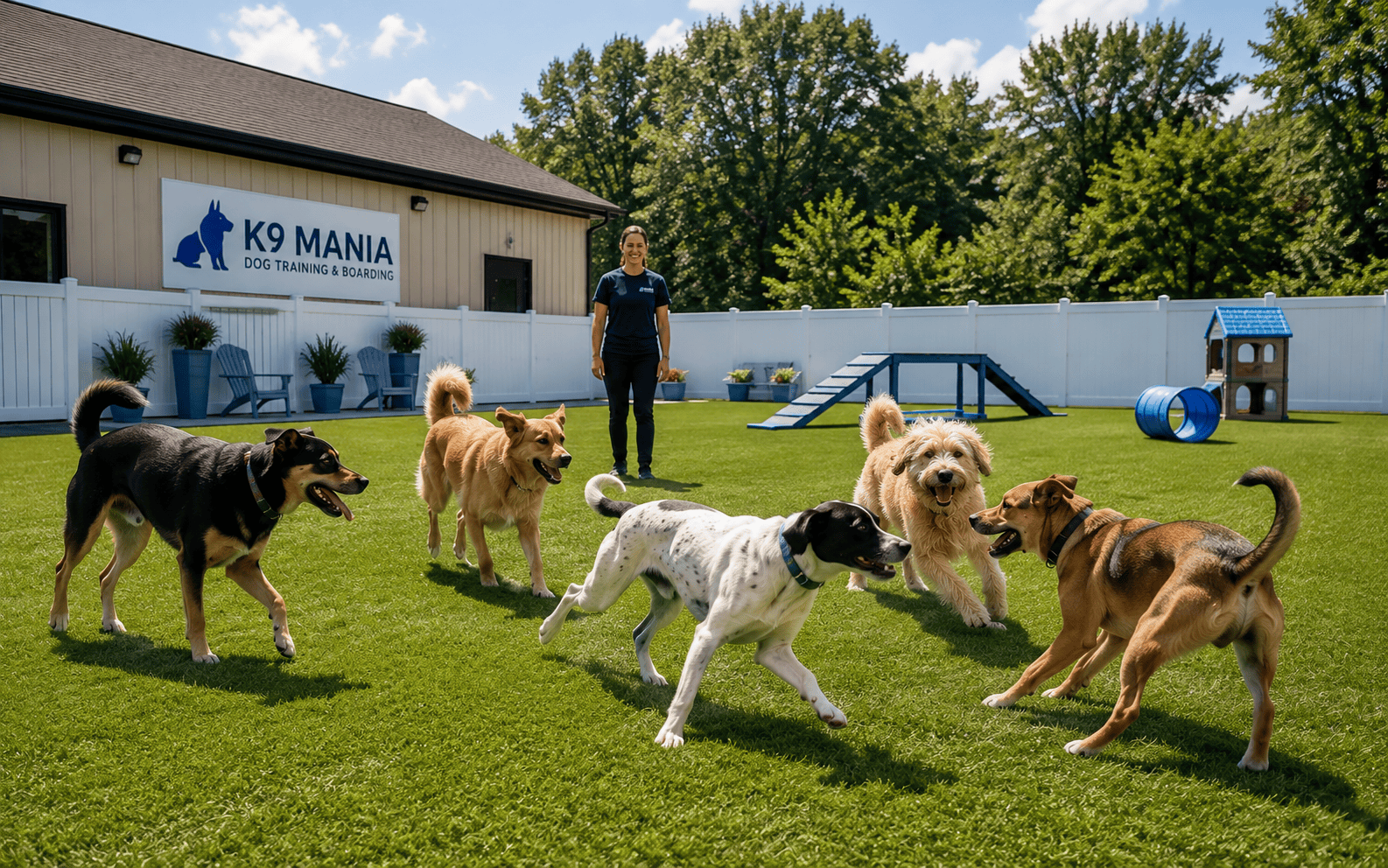 Five dogs play on grass at a dog daycare near a building labeled “K9 Mania” as a person observes.