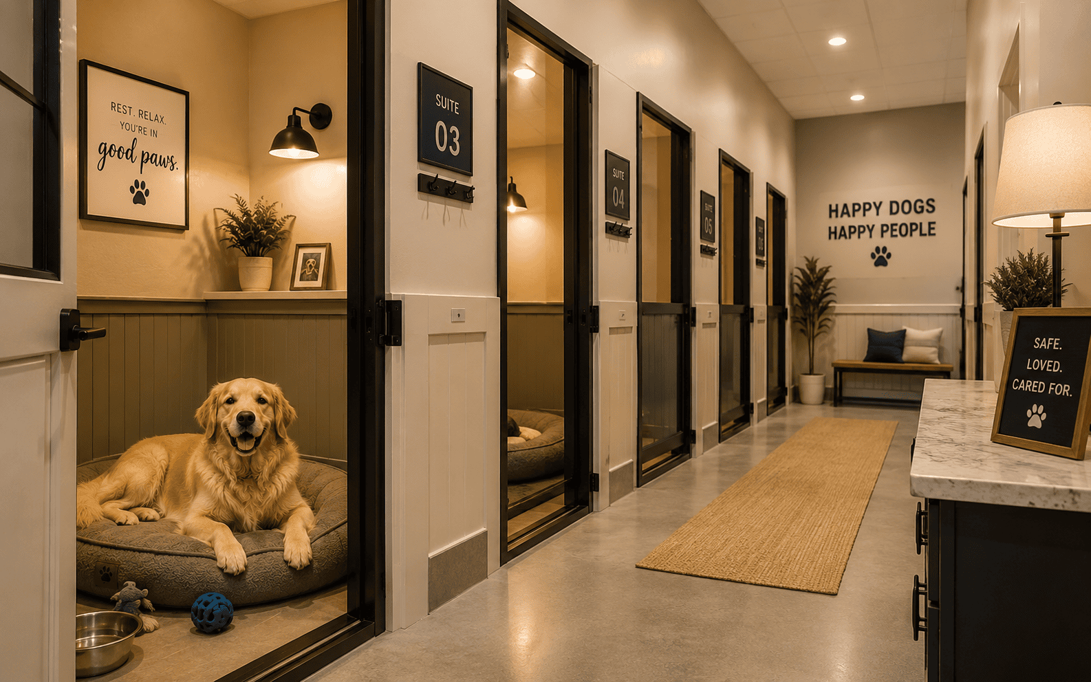 A golden retriever lounges in a cozy kennel suite at a modern, well-lit dog boarding facility.