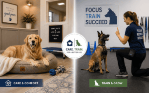 A golden retriever relaxes on a bed, while a woman trains a German shepherd in a gym setting.
