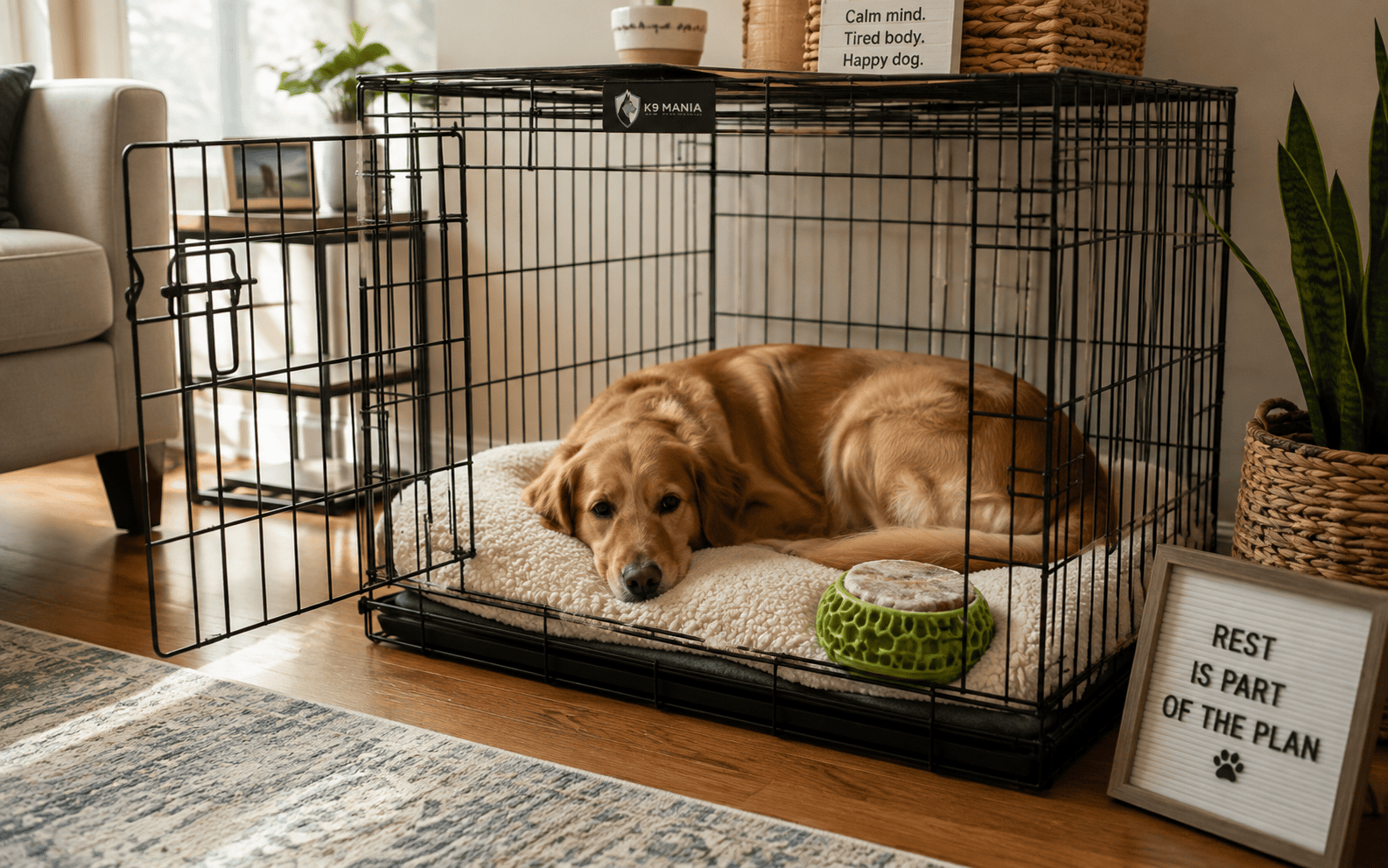 A golden retriever relaxes in a crate on a bed with the crate door open and a water bowl nearby.