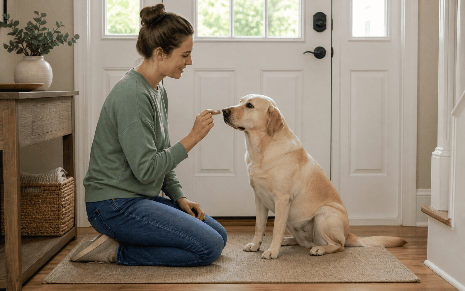 How to Train Your Dog Not to Bark: Proven Methods That Actually Work 3 A woman kneels on a rug, training her yellow Labrador with a treat near the door of her home.