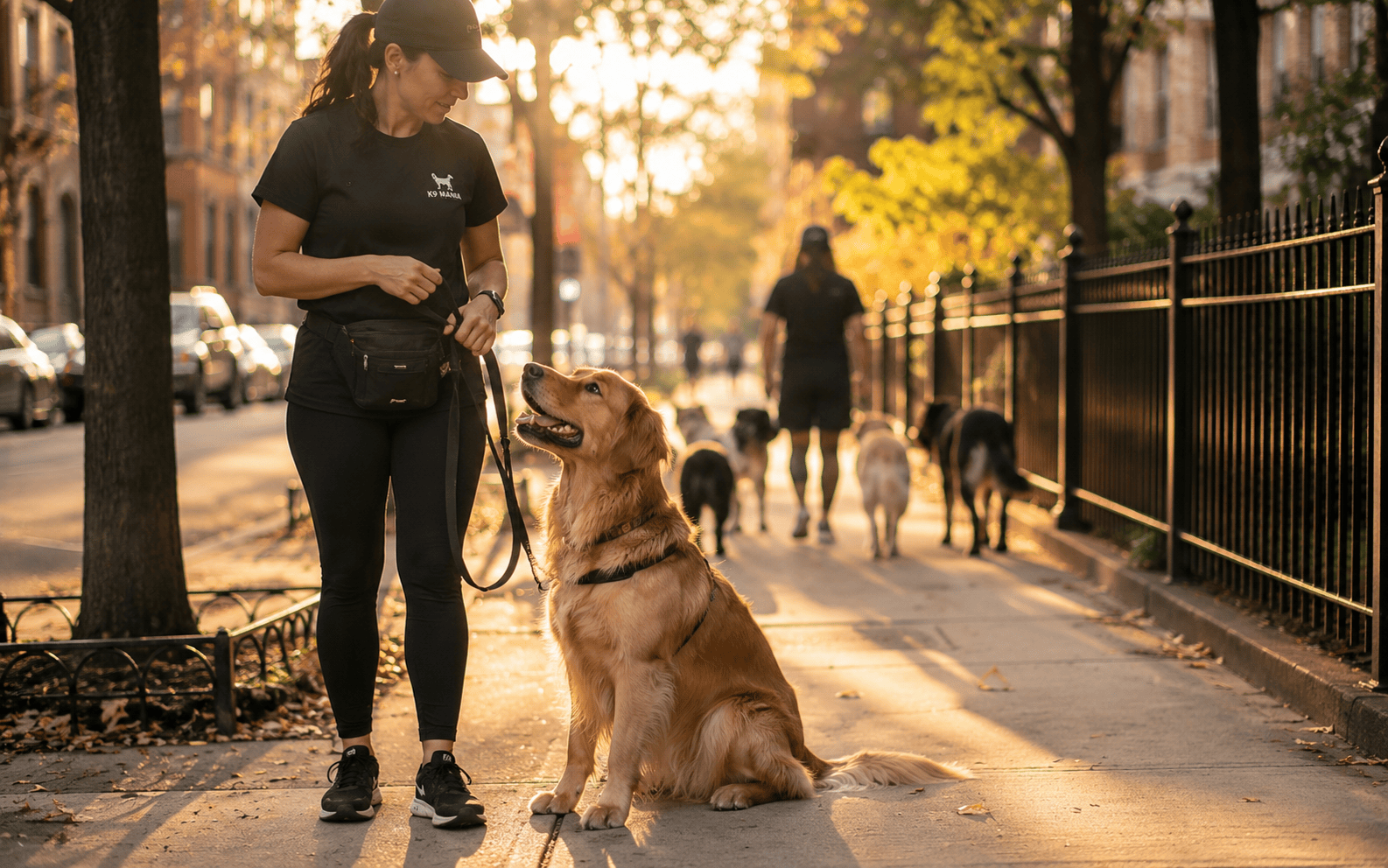 Woman in black outfit walks golden retriever on city sidewalk, surrounded by people and other dogs.