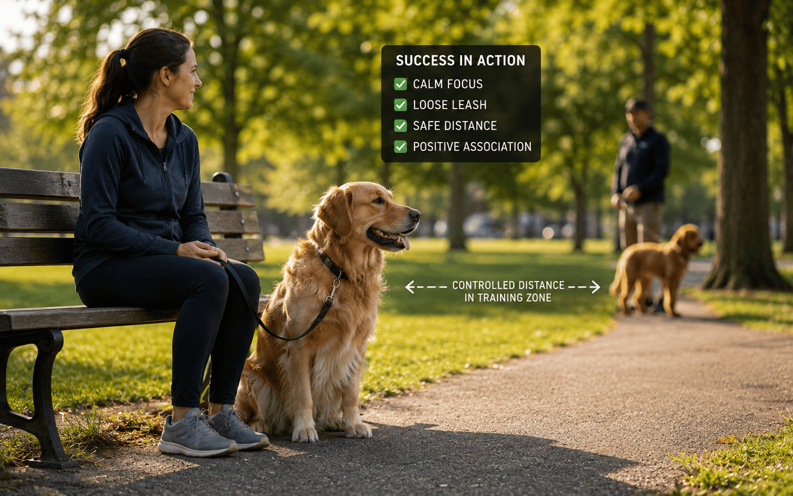 A woman sits on a bench with her dog on a leash as another person walks their dog; training tips overlayed.