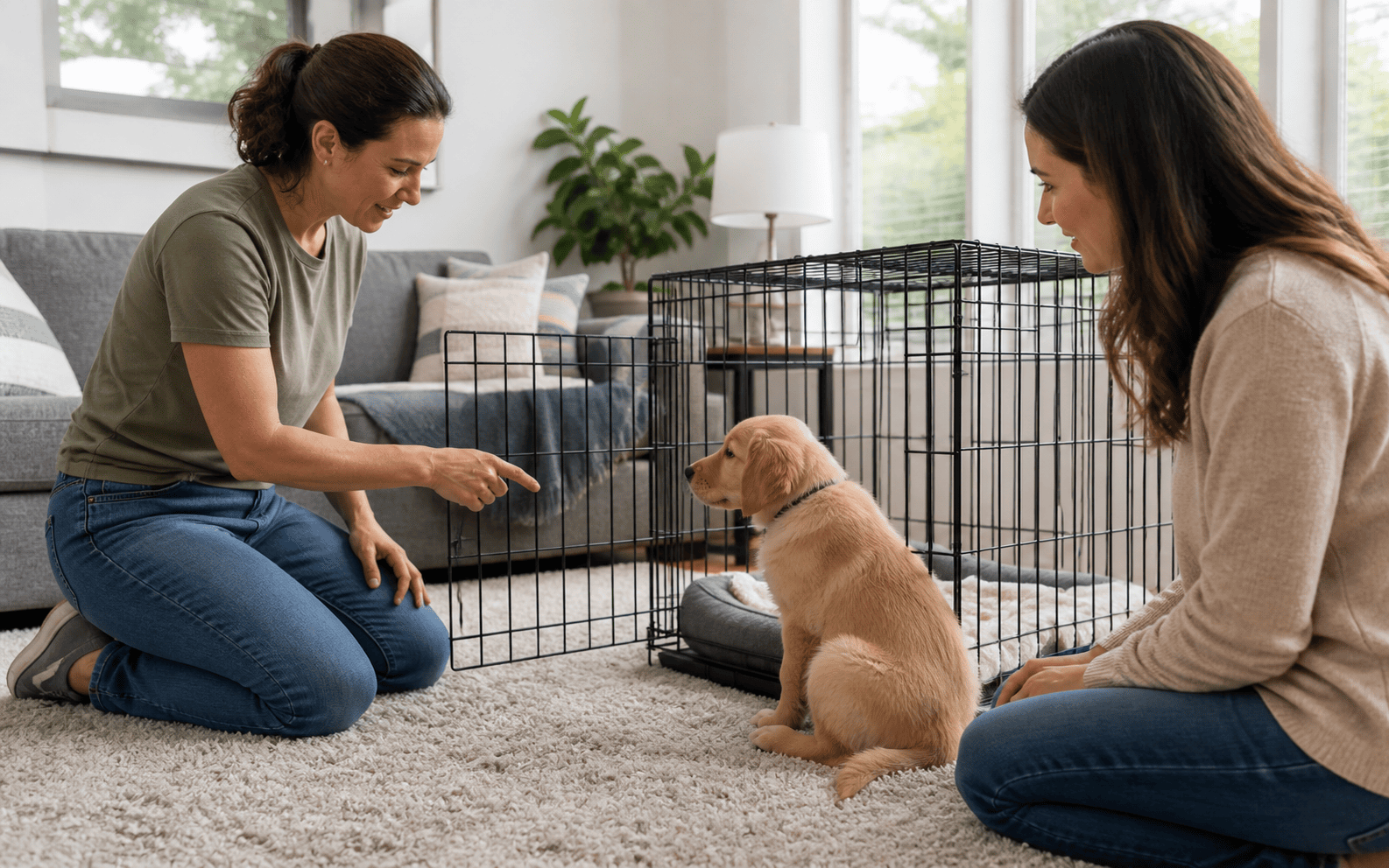 Crate Training Your Puppy 4 Two women teach a golden retriever puppy to sit by an open crate in a bright living room.
