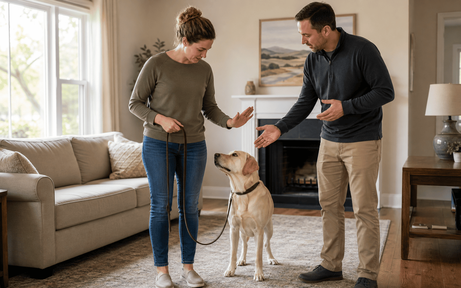 How to Train a Service Dog: Tasks, Timelines, and the Right Program for Your Dog 5 In a living room, a woman holding a leash stands with her dog as a man gestures toward the pet.