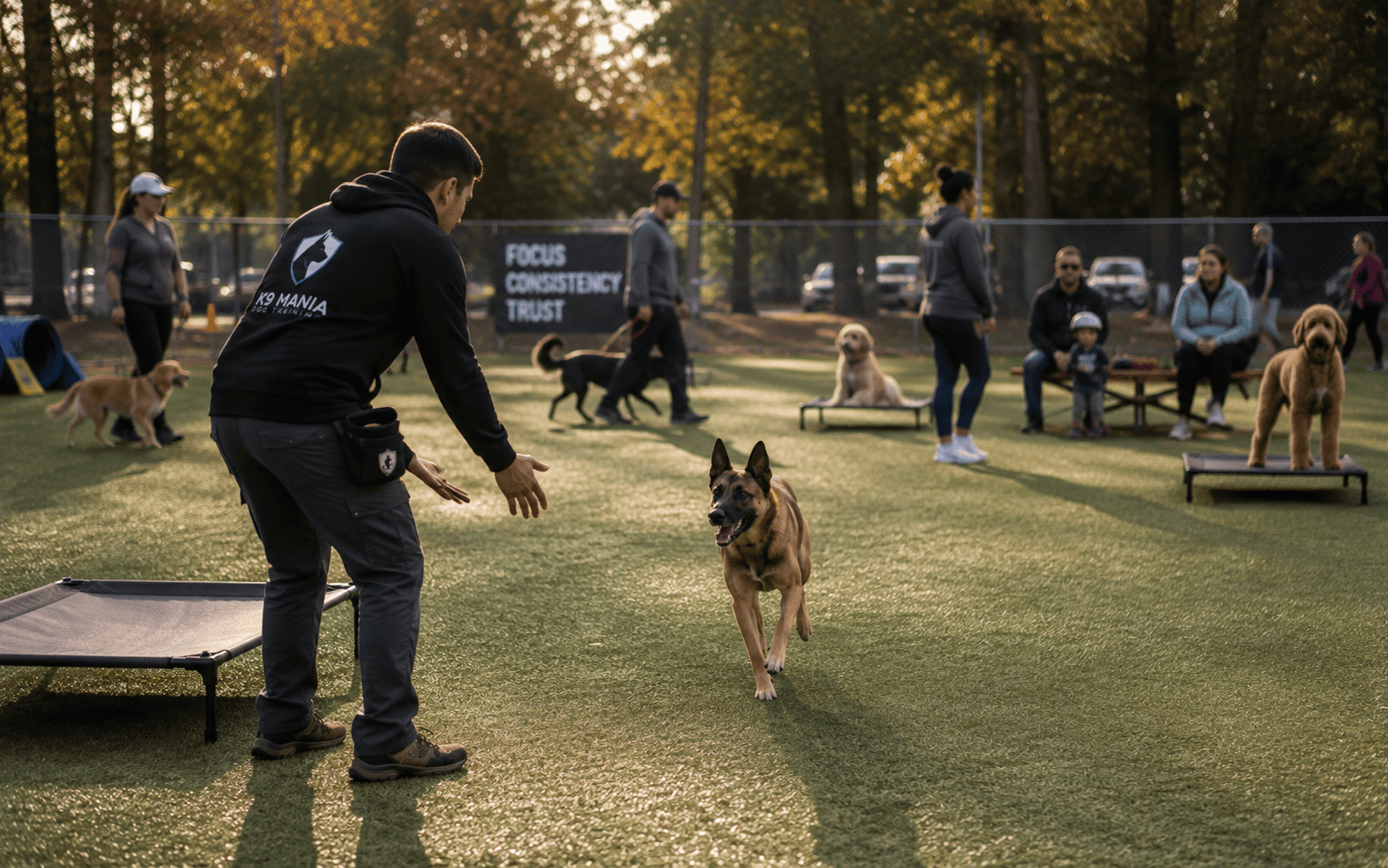 A dog trainer calls a Belgian Malinois at a busy dog park with several people and dogs in the background.
