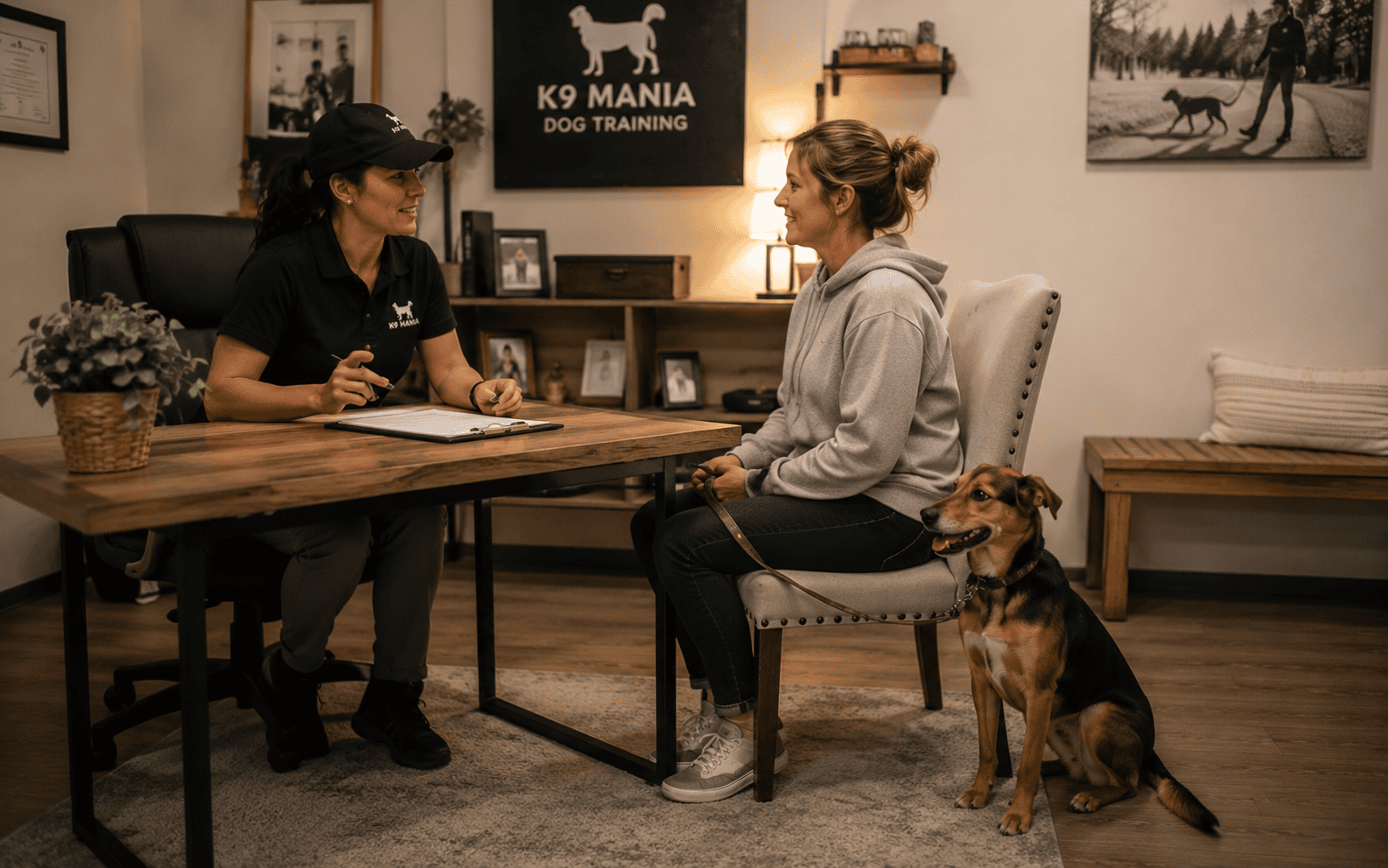 Two women discuss dog training at a desk, with a leashed dog sitting beside one in the training office.