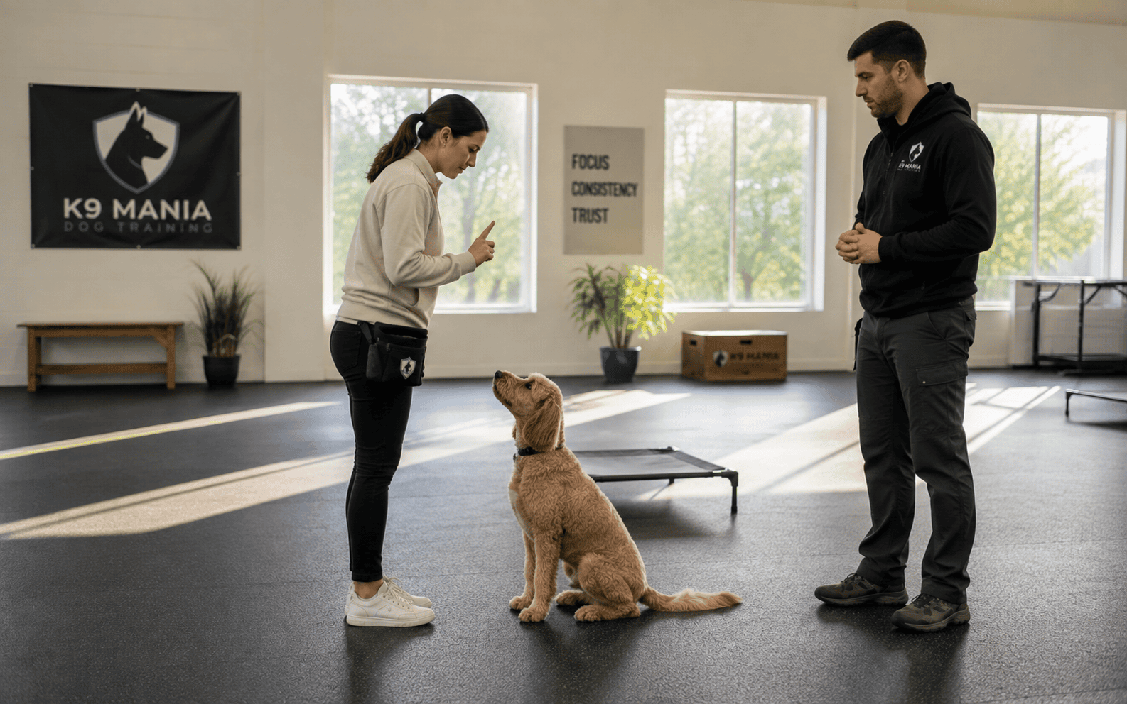 A woman trains a dog to sit as a man observes in a well-lit indoor dog training facility.