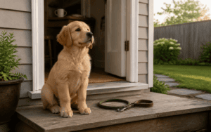 How to potty train a puppy — a step-by-step guide for new owners. Golden retriever puppy on a porch sits beside its leash, looking up, with a garden visible in the background.