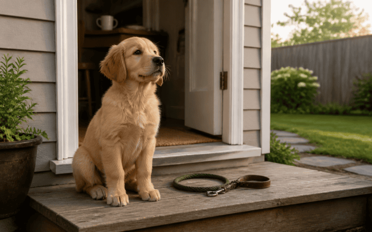 How to potty train a puppy — a step-by-step guide for new owners. Golden retriever puppy on a porch sits beside its leash, looking up, with a garden visible in the background.