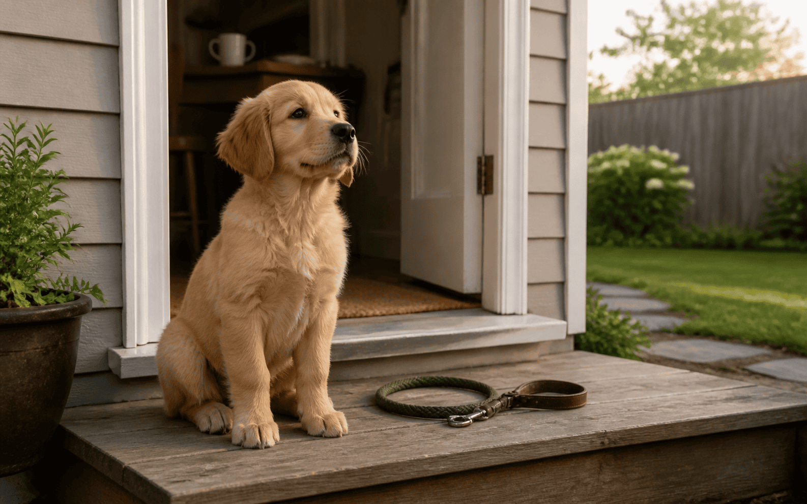 How to potty train a puppy — a step-by-step guide for new owners. Golden retriever puppy on a porch sits beside its leash, looking up, with a garden visible in the background.