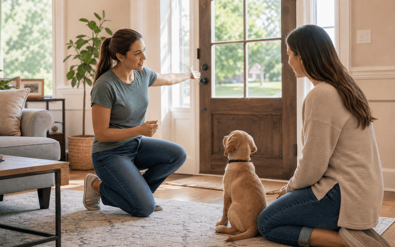 Two women and a puppy sit on a rug by a door in daylight, with one woman pointing outside.
