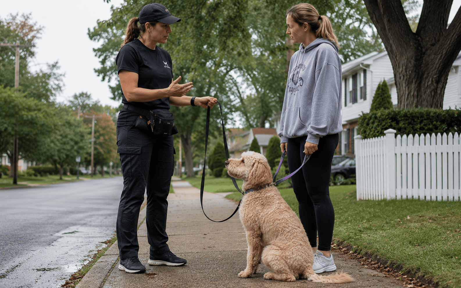 Two women talk on a sidewalk as their leashed dog sits between them near residential houses and trees.