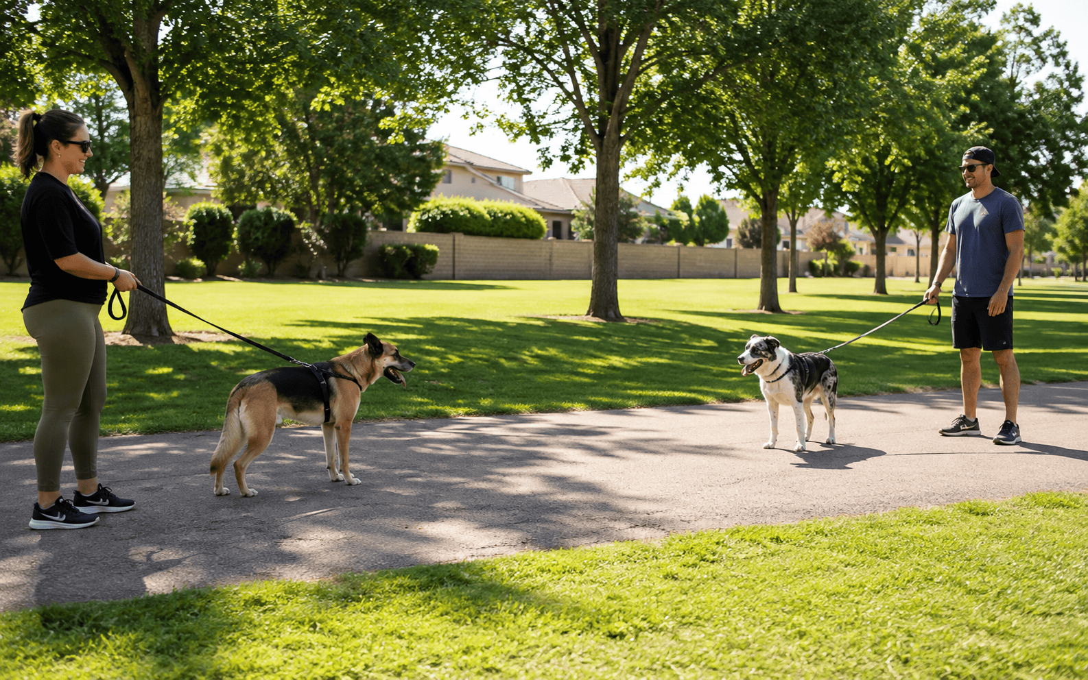 Board and Train for Leash Reactive Dogs: What Actually Happens and Whether It Works 1 Two people walking dogs on a sunny park path with green grass, trees, and bright natural surroundings.