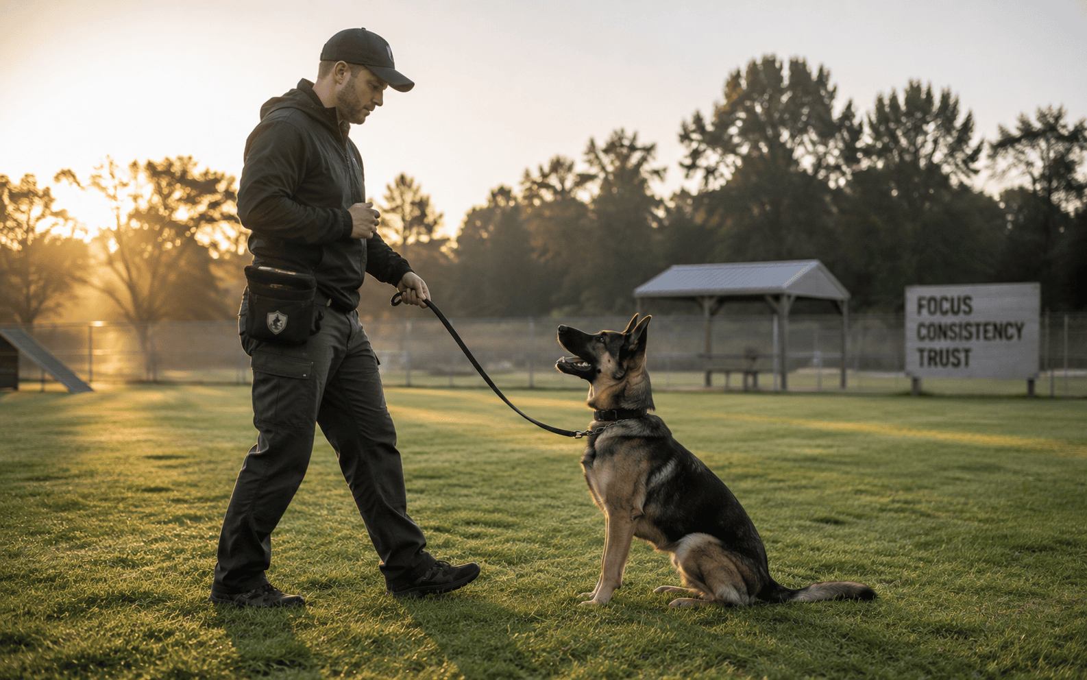 A man trains a German Shepherd on a leash near an outdoor sign displaying “Focus Consistency Trust.”