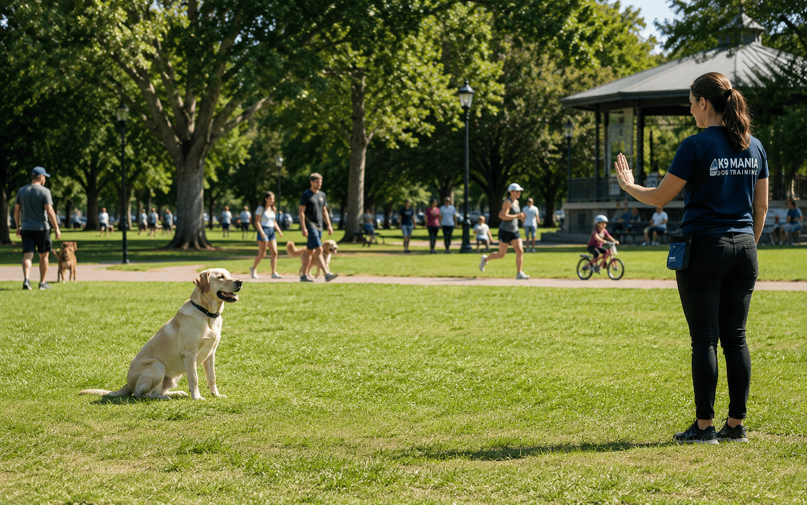 A woman trains her yellow dog to sit in a park as people walk and bike in the background.