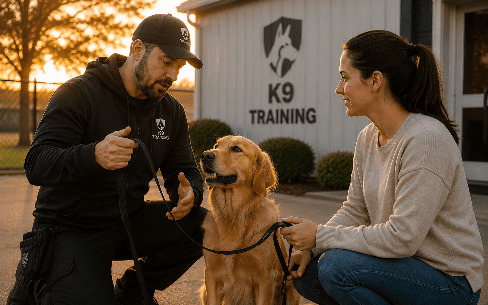 Board and Train for Leash Reactive Dogs: What Actually Happens and Whether It Works 4 A trainer and woman kneel with a golden retriever outside a K9 training center at sunset.