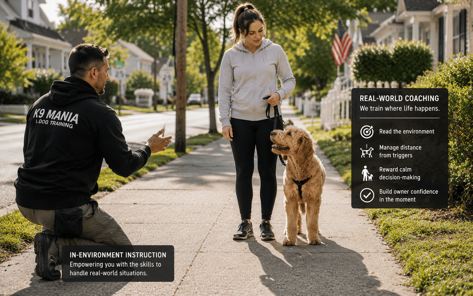 Best Dog Training for Leash Reactivity in Long Island: What Works and What to Skip 4 A trainer kneels on a sidewalk to coach a woman and her dog, demonstrating real-world dog training benefits.
