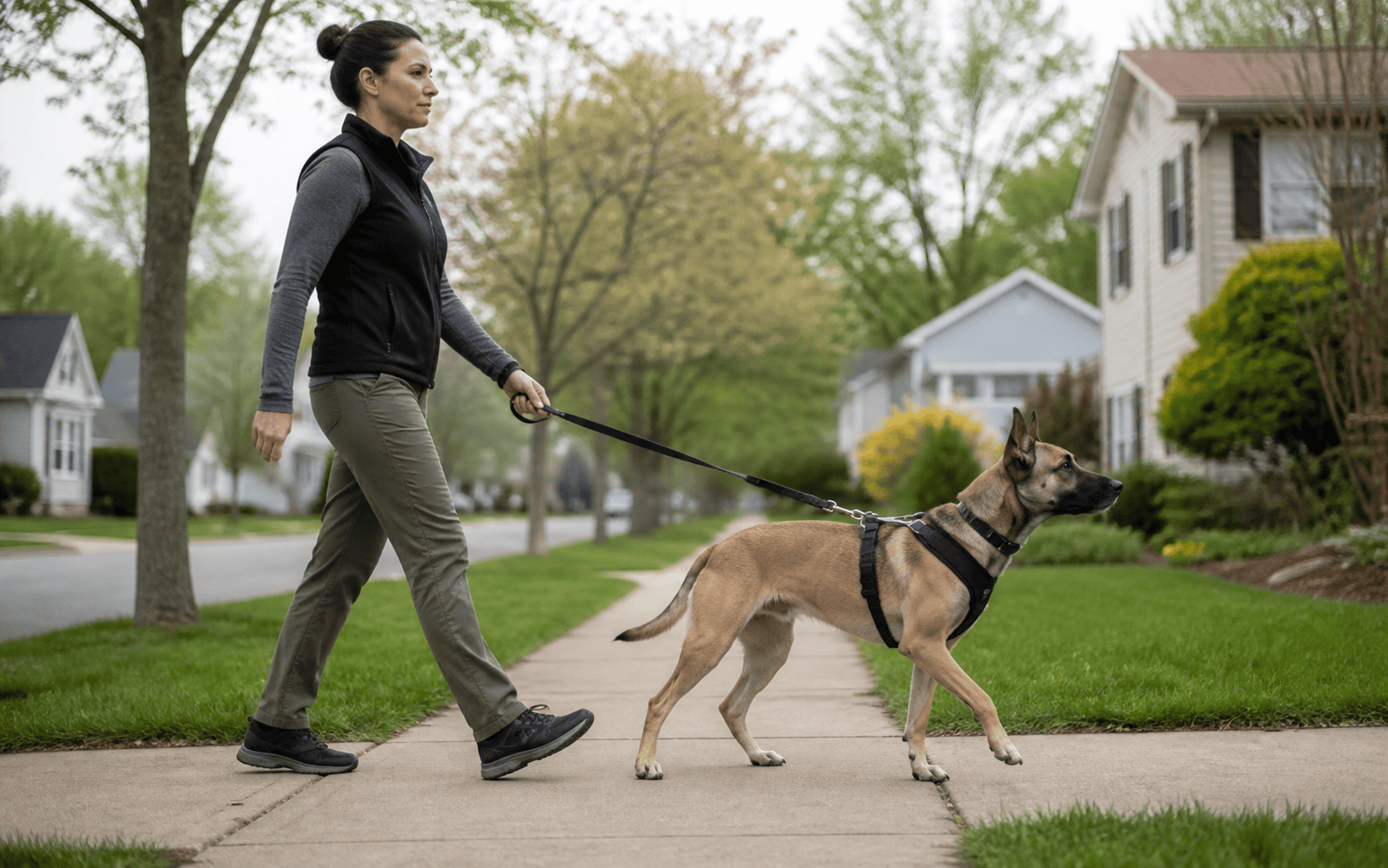 How to Train Your Dog Not to Bark: Proven Methods That Actually Work 5 A woman walks her tan dog on a suburban sidewalk bordered by green lawns and leafy trees.