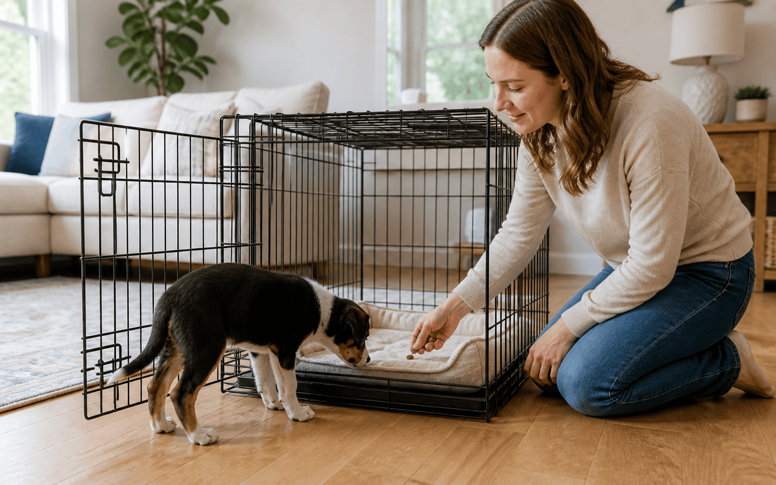 Crate Training Your Puppy 2 A woman crouches beside an open dog crate, giving a puppy a treat at the crate’s entrance.