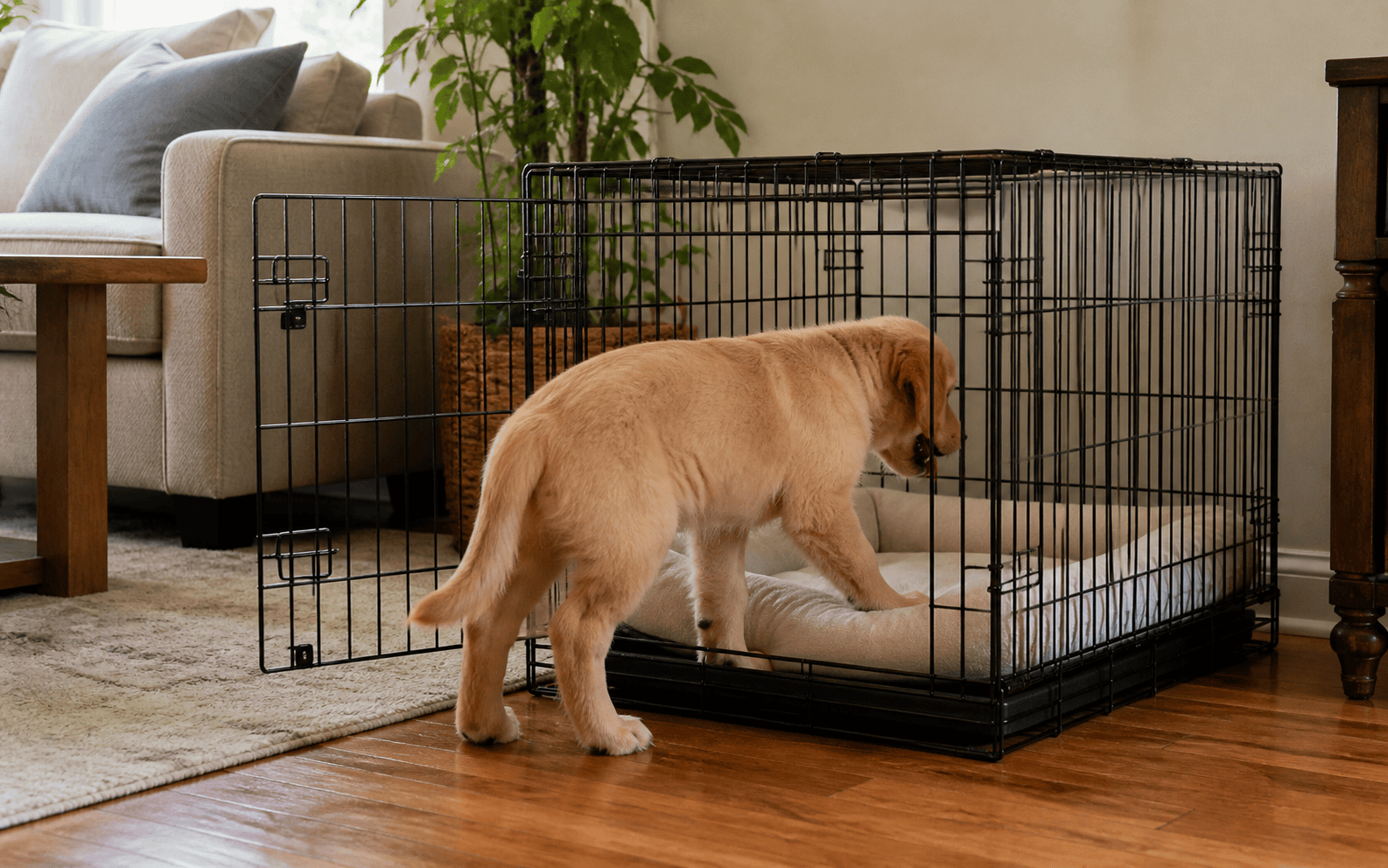 Crate Training Your Puppy 5 A golden retriever puppy enters a black dog crate with a cushion in a cozy living room setting.