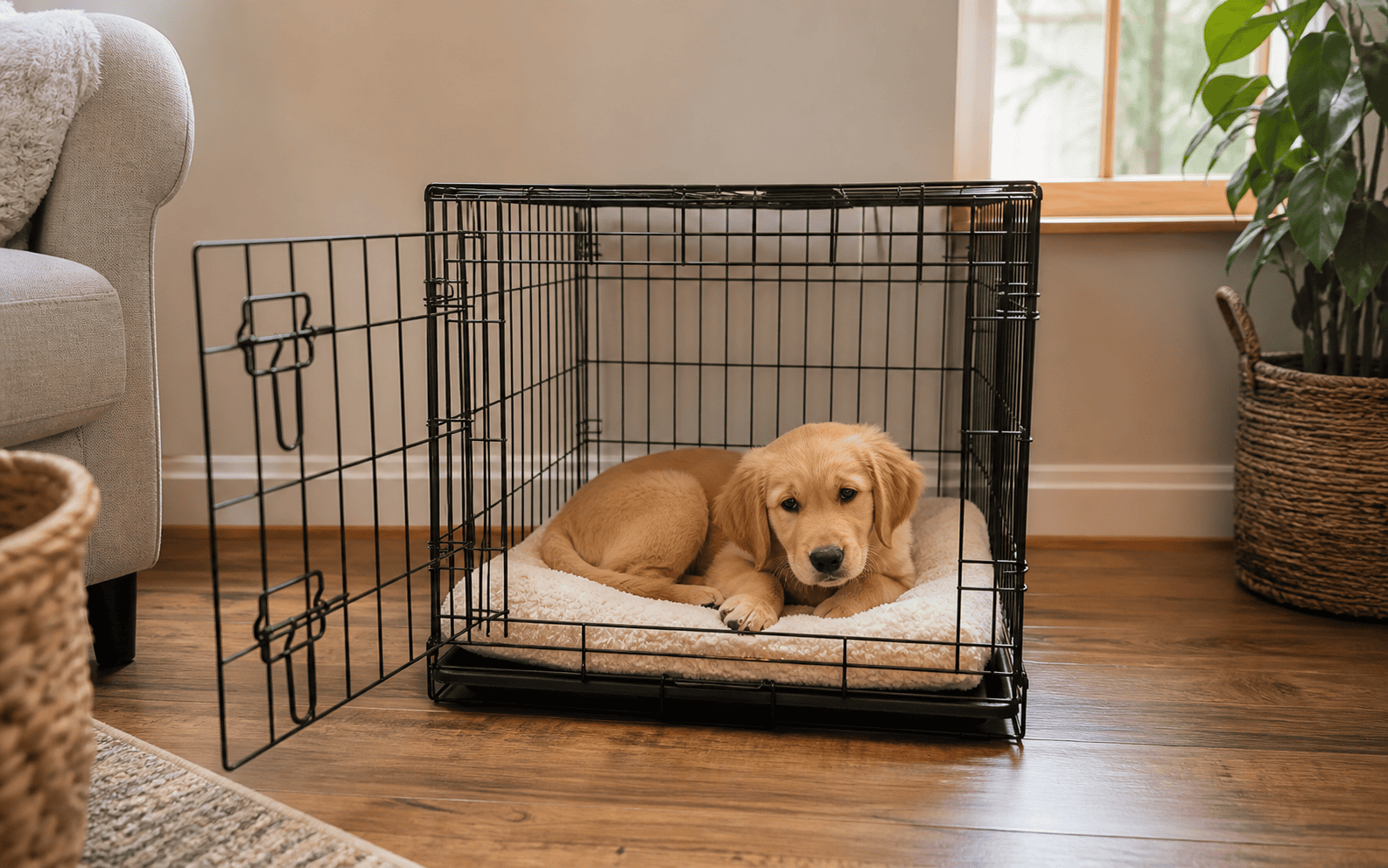 A golden retriever puppy rests on a bed inside an open wire crate in a cozy living room setting.