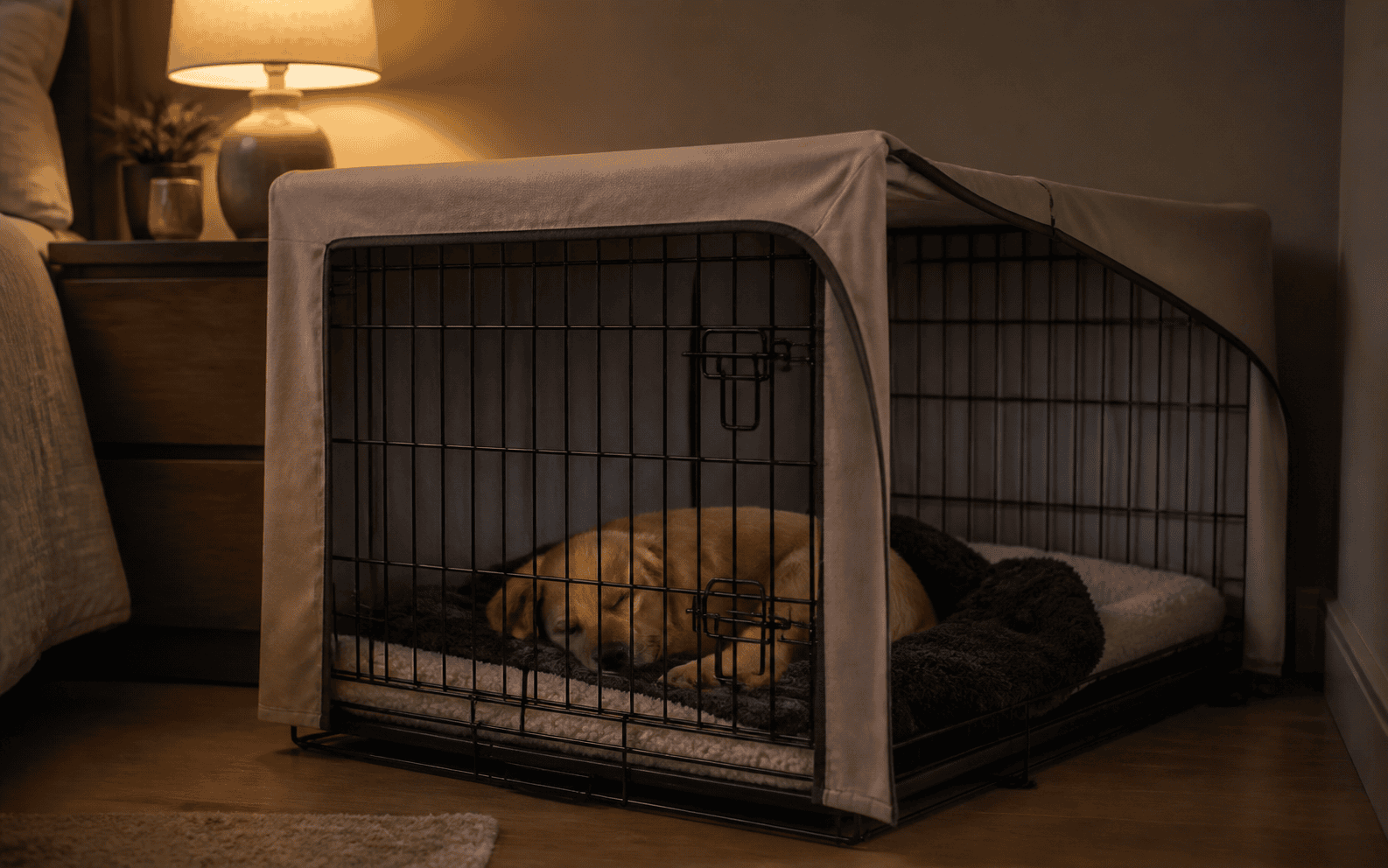 Crate Training Your Puppy 3 A dog sleeps on a dog bed inside a covered crate beside a nightstand with a lamp and houseplant.