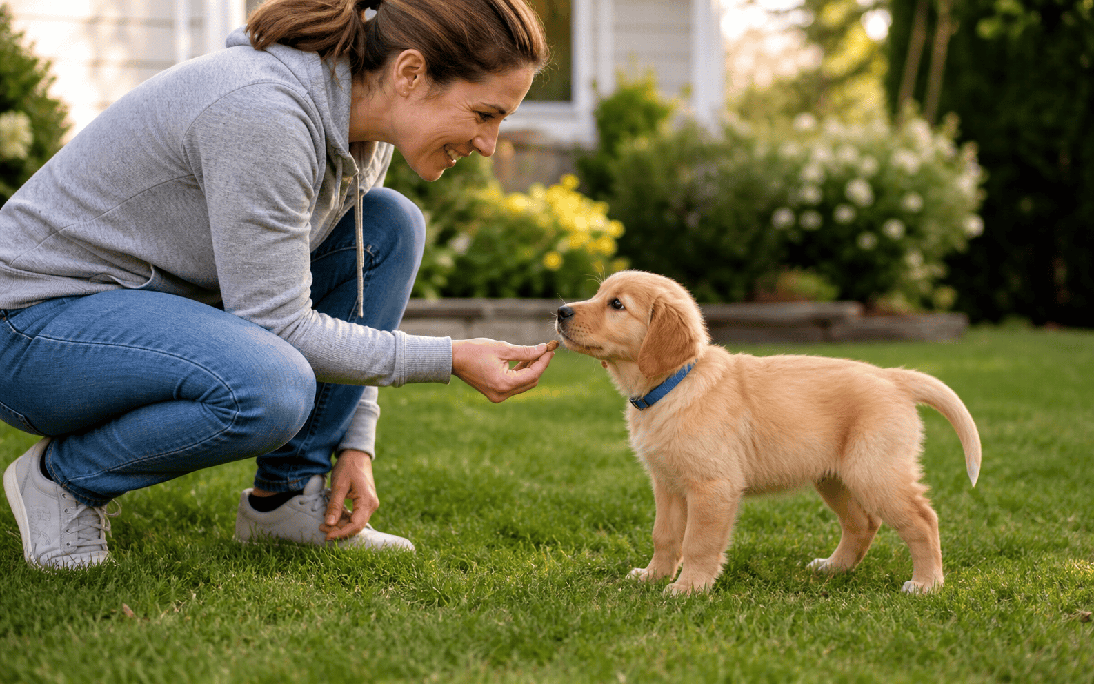 A woman kneels on grass, smiling as she feeds a golden retriever puppy in a blue collar outdoors.