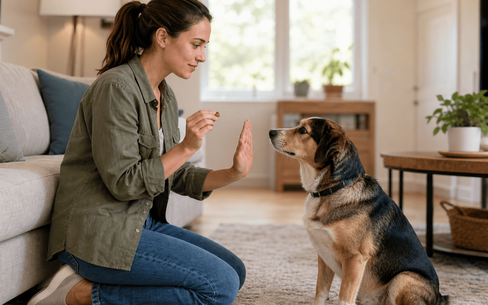 How to Train Your Dog Not to Bark: Proven Methods That Actually Work 2 A woman trains her dog in the living room, using a treat and hand gesture for a training command.