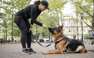 Woman in black outfit training a German Shepherd dog to lie down in a park and offering a treat.