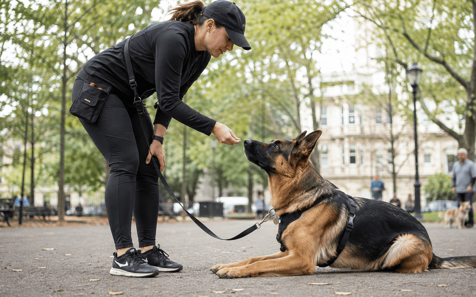 Woman in black outfit training a German Shepherd dog to lie down in a park and offering a treat.