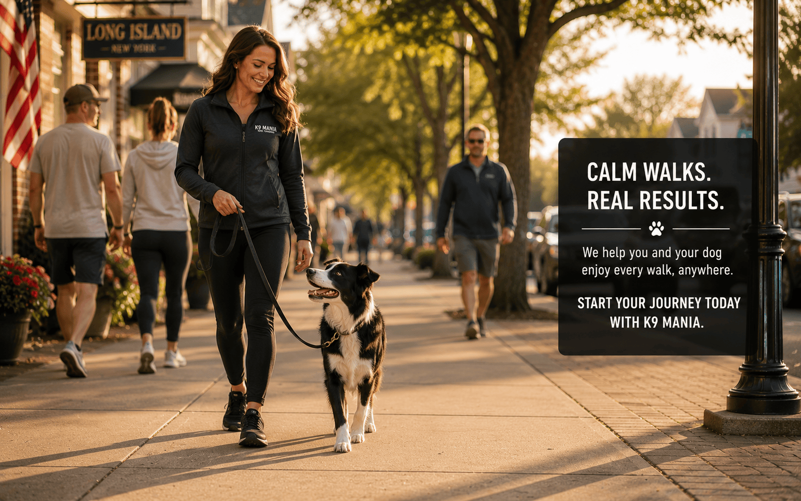 Best Dog Training for Leash Reactivity in Long Island: What Works and What to Skip 5 Woman walking a dog on a sunny sidewalk with people in the background, promoting calm dog walks outside.