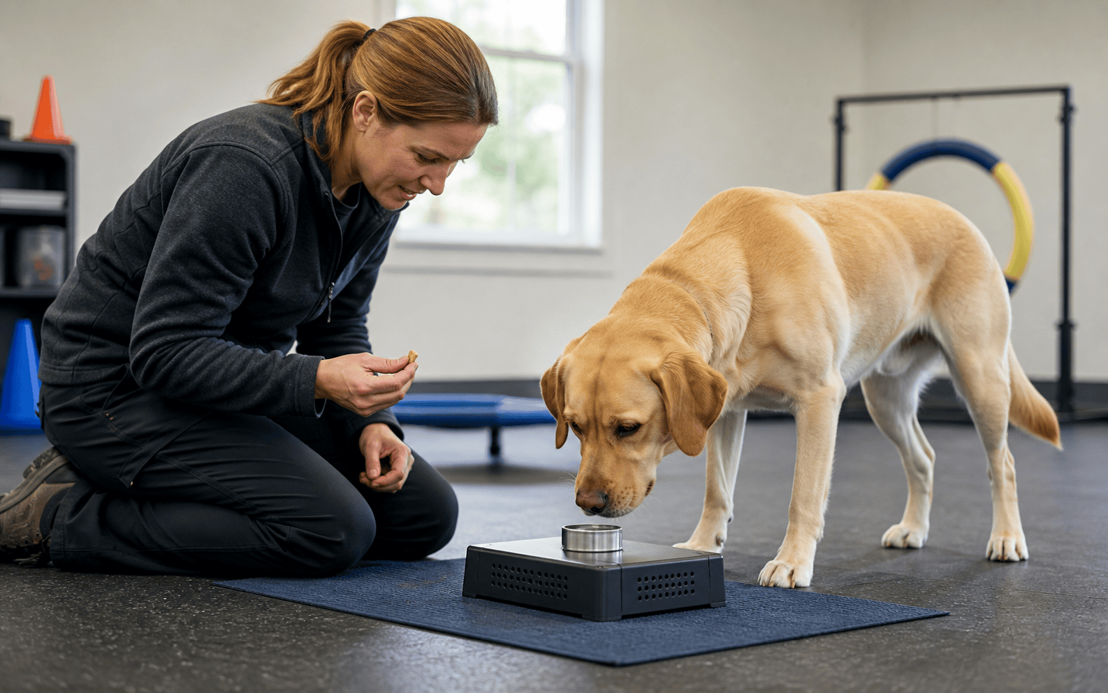 How to Train a Service Dog: Tasks, Timelines, and the Right Program for Your Dog 3 A woman trains a yellow labrador to sniff a metal canister in an indoor gym with agility equipment.