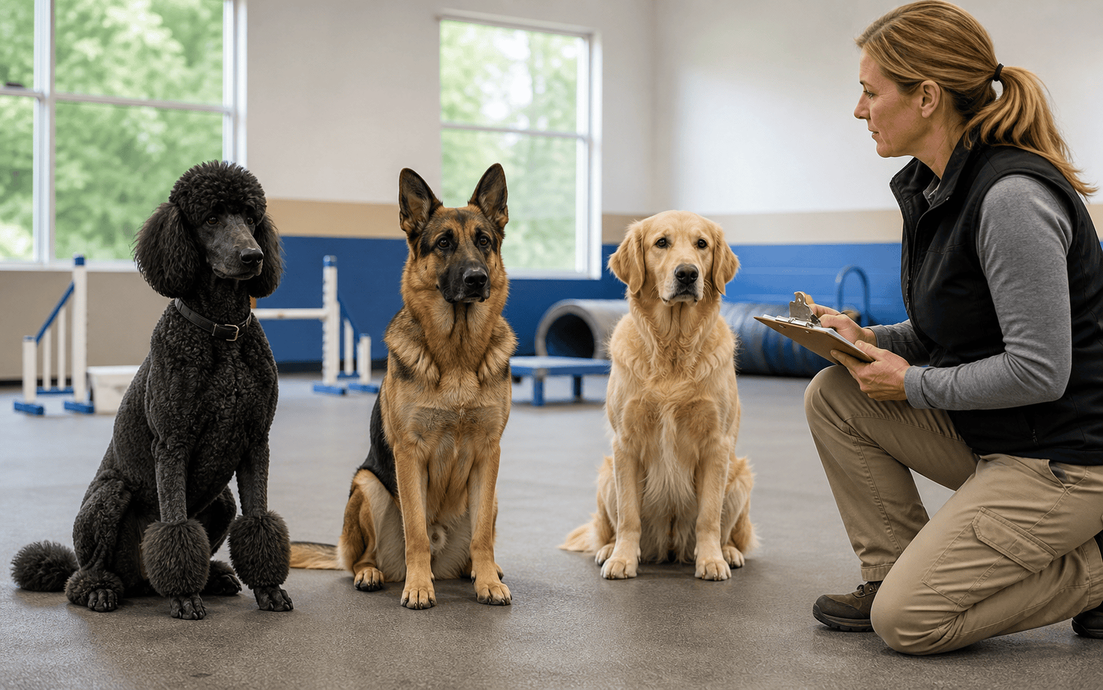 How to Train a Service Dog: Tasks, Timelines, and the Right Program for Your Dog 2 A woman kneels with a clipboard, training a poodle, German shepherd, and golden retriever dog.