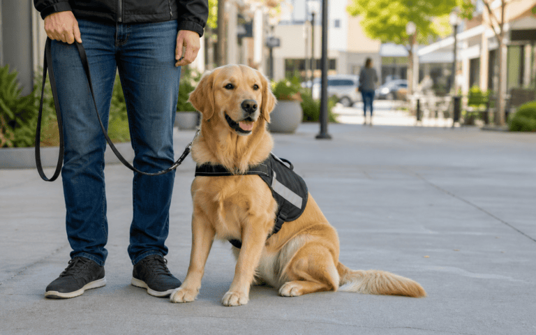 Golden retriever in a service vest sits next to handler holding its leash on a city sidewalk.