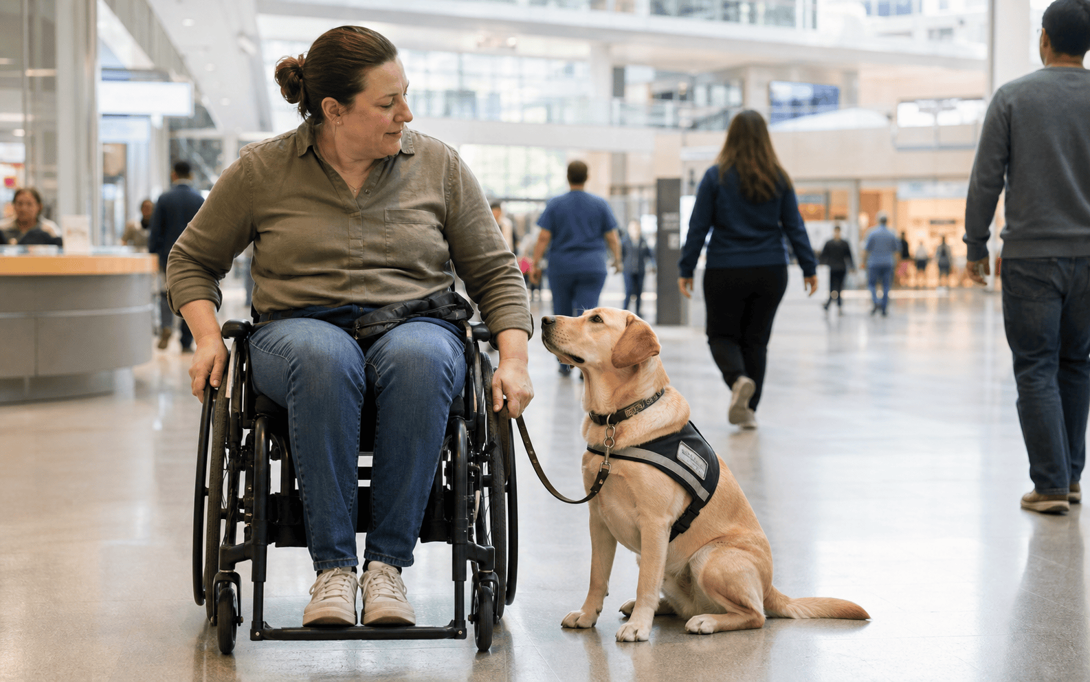 How to Train a Service Dog: Tasks, Timelines, and the Right Program for Your Dog 1 A woman in a wheelchair holds her service dog’s leash in a busy indoor public area.