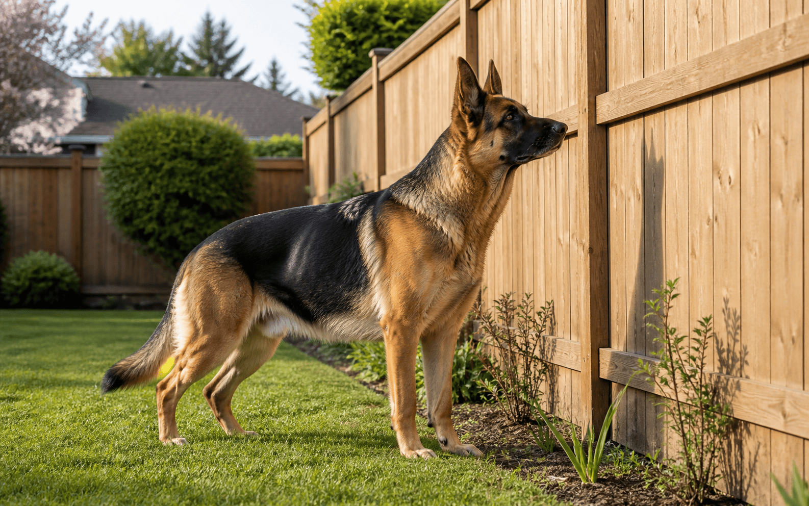 How to Train Your Dog Not to Bark: Proven Methods That Actually Work 4 A German Shepherd stands alert in a backyard, looking through a wooden fence on a sunny day.