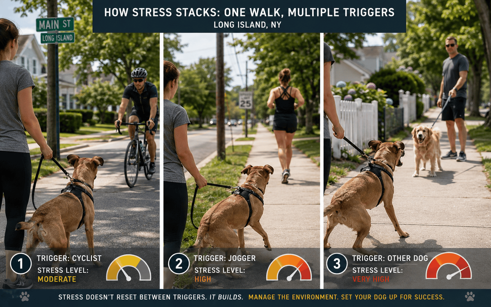 Best Dog Training for Leash Reactivity in Long Island: What Works and What to Skip 1 A leashed dog meets a cyclist, a jogger, and another dog during a walk through the neighborhood.