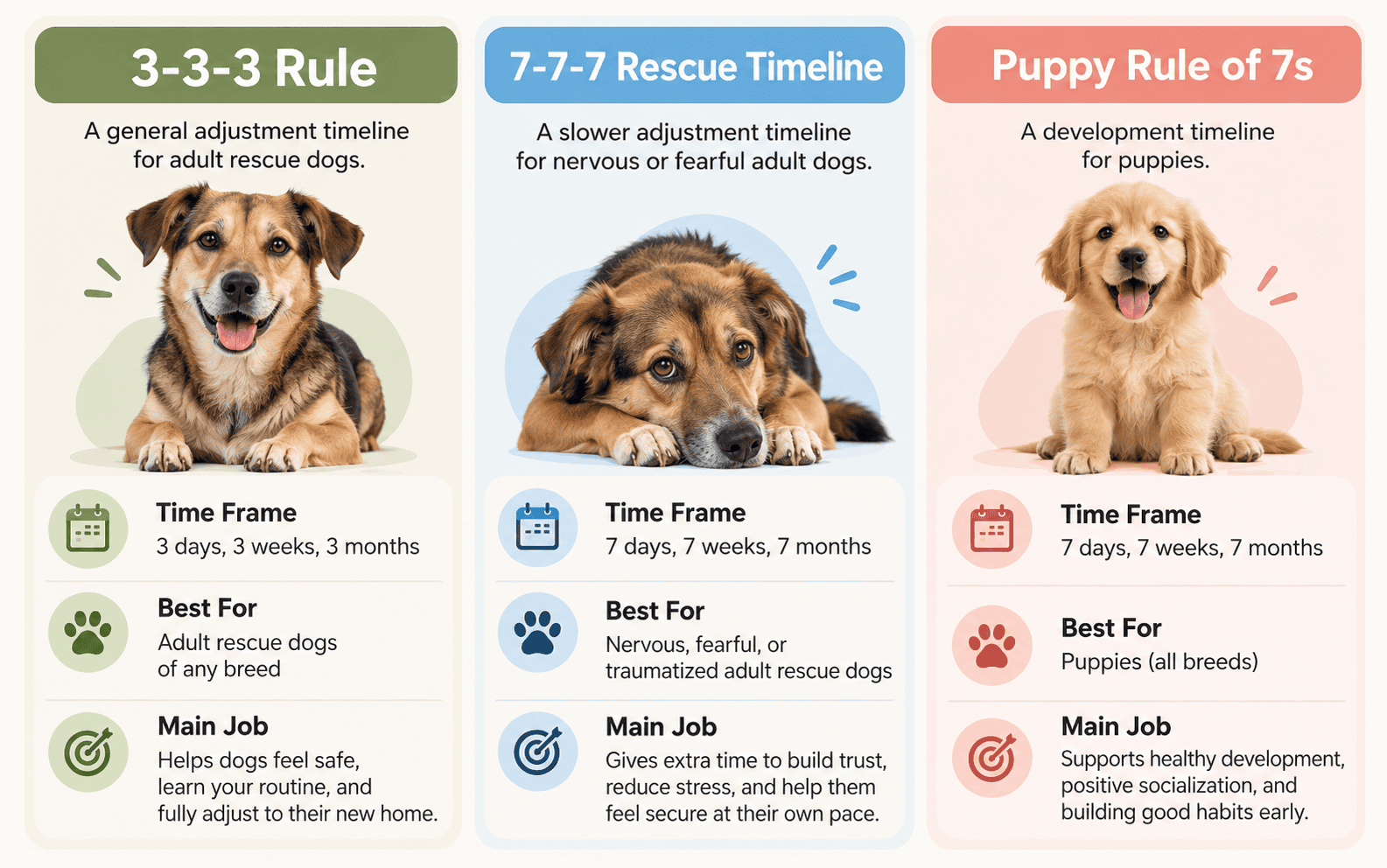 Three columns illustrate the dog’s 3-3-3 adjustment rule, 7-7-7 timeline, and Puppy Rule of 7s.